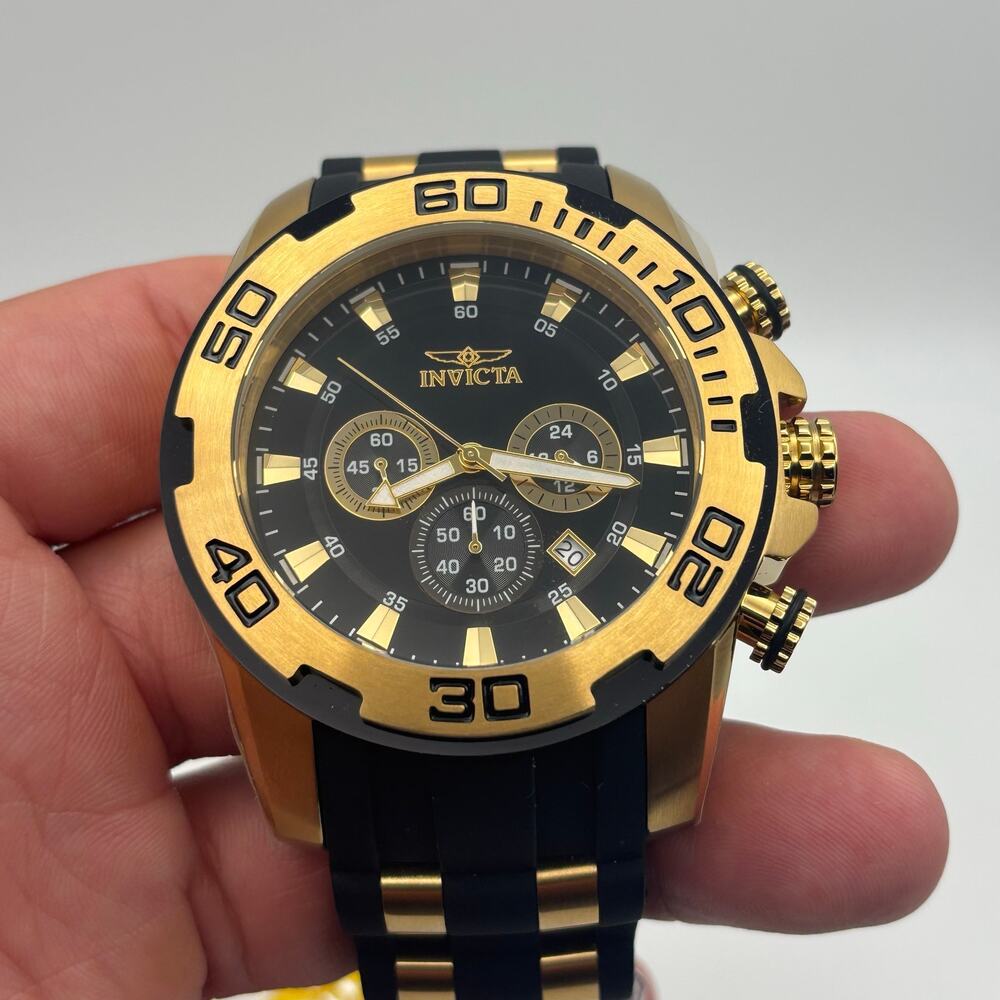 Invicta Pro Diver 22340 Gold Tone Chronograph 50mm Black Silicone Strap Watch